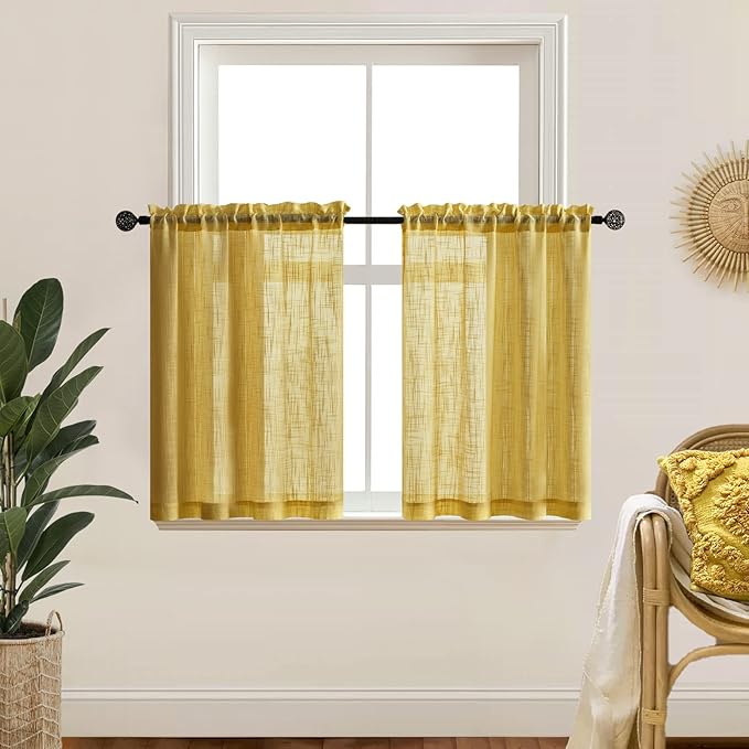 Boho Fall Curtains for Kitchen Window Gold Decor Set of 2 Panels Short Tier Cafe Sheer Curtain Rod Pocket Dark Mustard Yellow Curtains for Bedroom Living Room Small Bathroom Shower 30 Inch Length