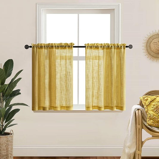 Boho Fall Curtains for Kitchen Window Gold Decor Set of 2 Panels Short Tier Cafe Sheer Curtain Rod Pocket Dark Mustard Yellow Curtains for Bedroom Living Room Small Bathroom Shower 30 Inch Length
