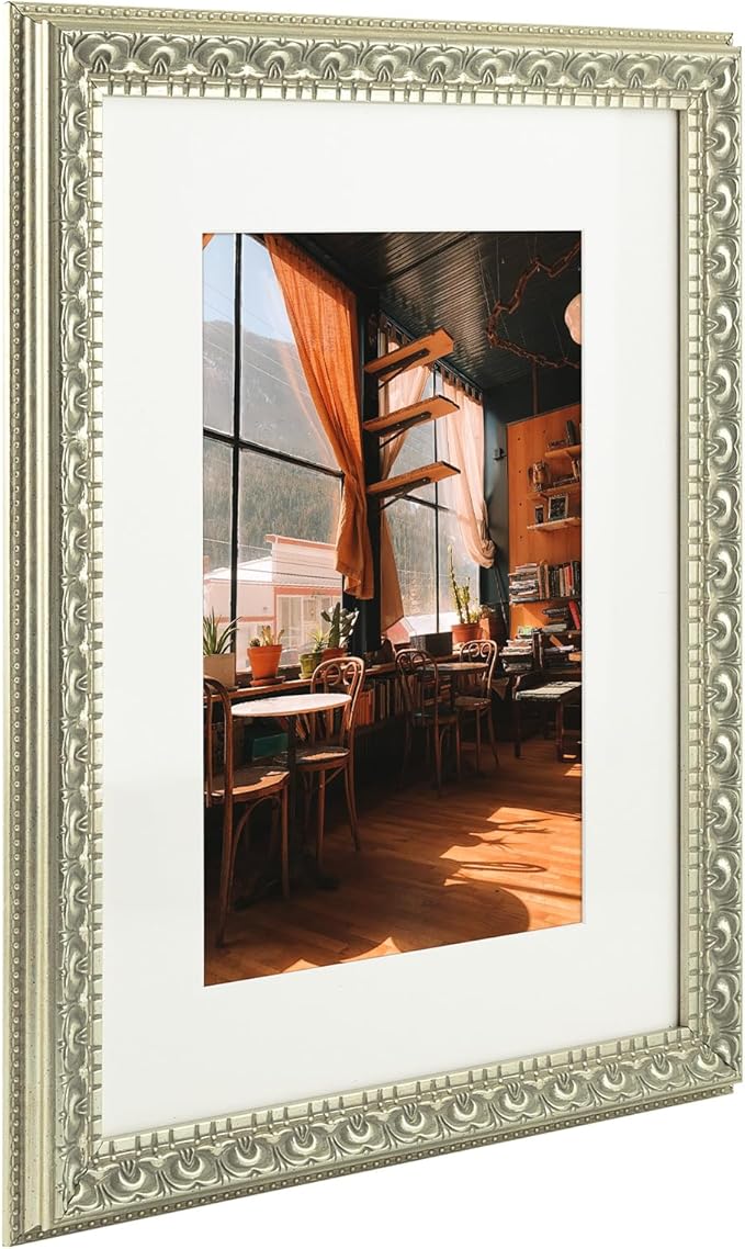 Golden State Art, 12X16 Ornate Finish Photo Frame with White Mat for 8X12 Picture & Real Glass, Color: Silver Beige