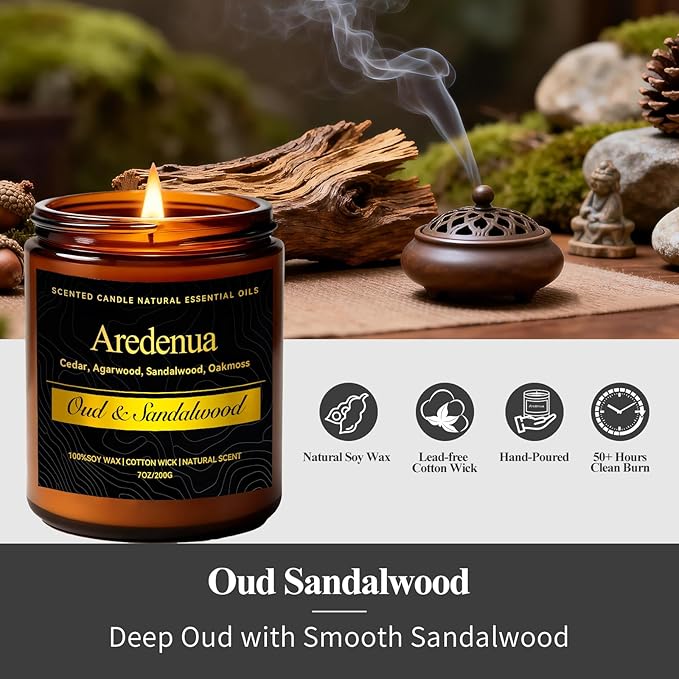 Oud & Sandalwood Candle for Meditation - Luxury Soy Candle for Home, Long Lasting Woody Aroma for Stress Relief & Calm, Hand Poured Scented Candle for Men & Women - Elegant Minimalist Home Decor