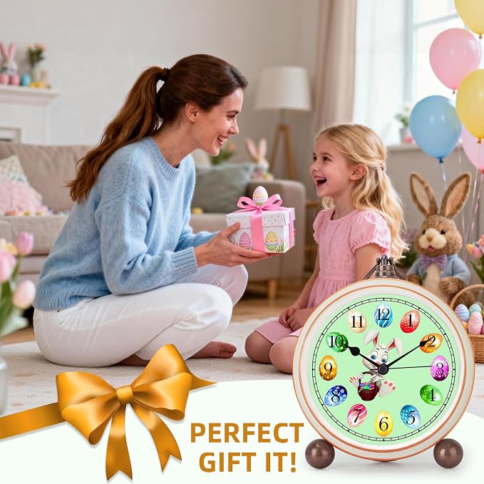 Maxspace 5.2in Cute Easter Egg Metal Table Clock, Quartz Movement Non-Ticking Small Alarm Clock with Battery Operated, HD Glass Bunny Desk Clock for Bedroom Living Room (Easter) - Image 7