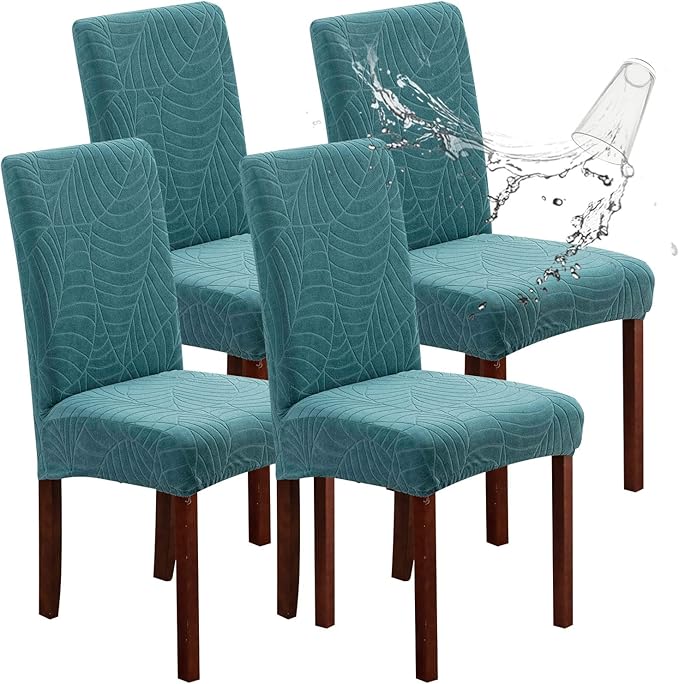 Genina Waterproof Chair Covers for Dining Room, Stretch Jacquard Dining Chair Slipcovers Removable Washable Chair Protector for Kitchen, Hotel, Restaurant (Leaves-Peacock Blue, 4 PCS)
