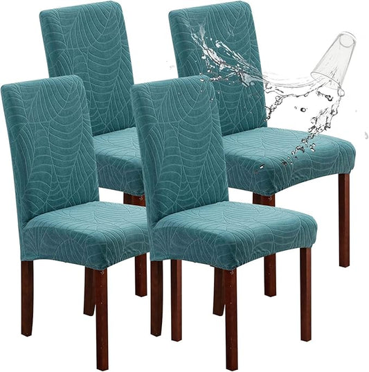 Genina Waterproof Chair Covers for Dining Room, Stretch Jacquard Dining Chair Slipcovers Removable Washable Chair Protector for Kitchen, Hotel, Restaurant (Leaves-Peacock Blue, 4 PCS)