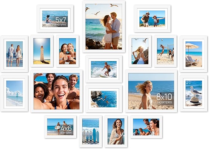 upsimples 19 Pack Picture Frames Collage Wall Decor for Mounting or Tabletop Display, Photo Gallery Frame Set for Family, Multi Sizes Including 8x10, 5x7, 4x6, White
