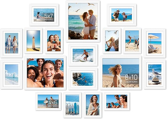 upsimples 19 Pack Picture Frames Collage Wall Decor for Mounting or Tabletop Display, Photo Gallery Frame Set for Family, Multi Sizes Including 8x10, 5x7, 4x6, White
