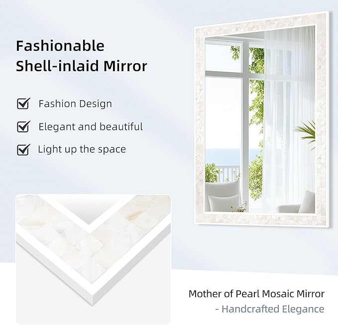 Tanmicoshomy White Shell Framed Rectangular Wall Mirrors for Bathroom, 24x36 Inch Mosaic Mirror for Bedroom Living Room or Entryway, Wall Mounted Horizontal or Vertical Hanging