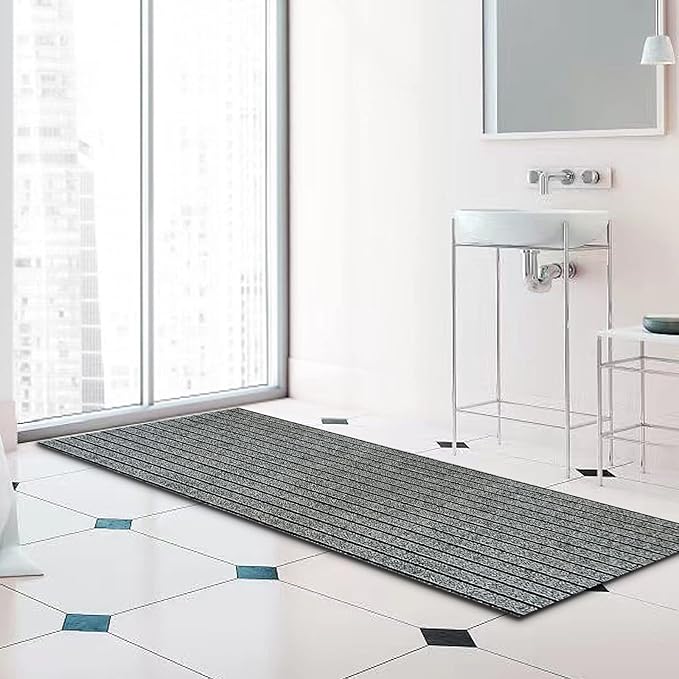 Runner Rug 3 ft x 74 ft Indoor/Outdoor Low Profile, Hallway, Kitchen, Patio, Deck Area, RV, Entryway, Garage, with Non-Slip Rubber Backing, Gray with Black Stripe, Custom