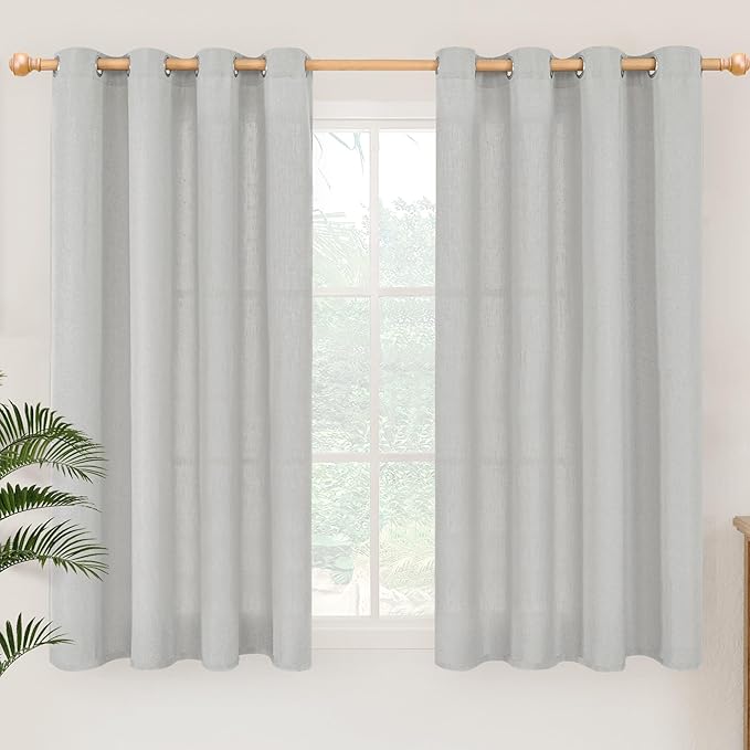 YoungsTex Grey Linen Semi Sheer Curtains 45 Inches Length for Kitchen Window, Short Drapes Light Filtering with Grommet for Cafe Bedroom Bathroom, 2 Panels, 52 X 45 Inch