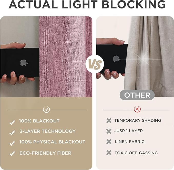 Joydeco Blackout Curtains for Bedroom - 100% Light Blocking 2 Panels Set Pink Drapes 66" W x 96" L, Thermal Insulated Room Darkening Curtains, Linen Textured for Living Room, Rod Pocket & Back Tabs