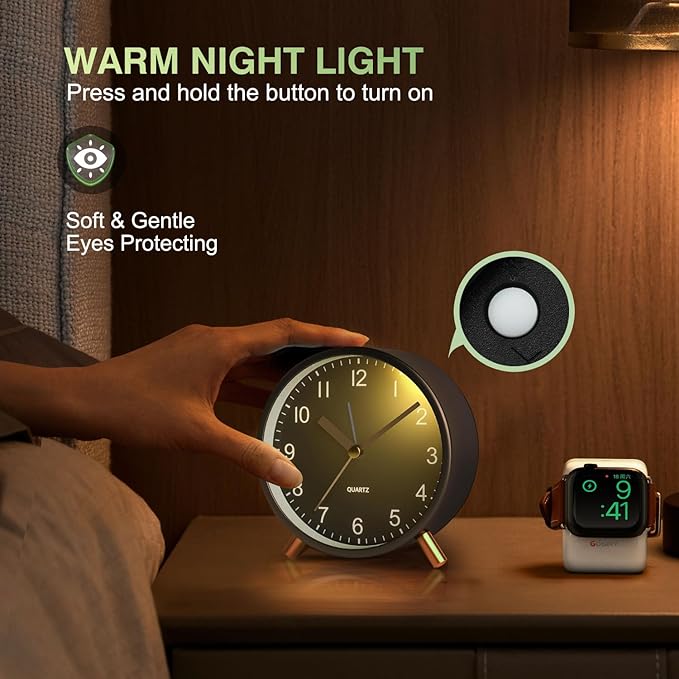 Analog Alarm Clock, Super Silent Non Ticking with Night Light, Battery Operated, Bedroom Clock,Fashionable Round Metal Alarm Clock for Office, Elderly, Adults, Children, School Gift