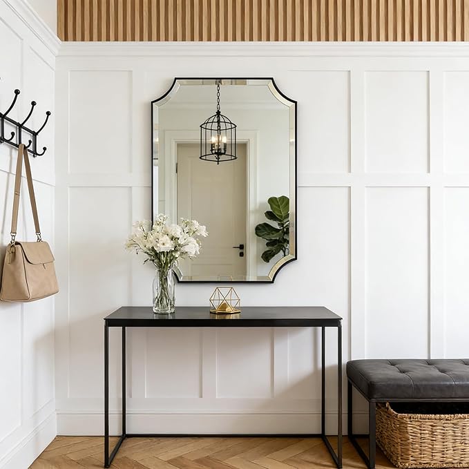 POZINO Modern Beveled Mirror, 24"x36" Bathroom Vanity Mirror for Over Sink, Matte Black Rounded Corner Rectangle Wall Mirrors for Living Room Bedroom Entryway, Horizontal or Vertical Hanging
