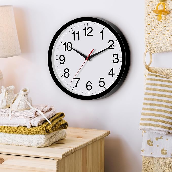 Wall Clock Modern 10 Inch Black Battery Operated Silent Non Ticking Analog for Living Room Office Home Bedroom Kitchen Bathroom