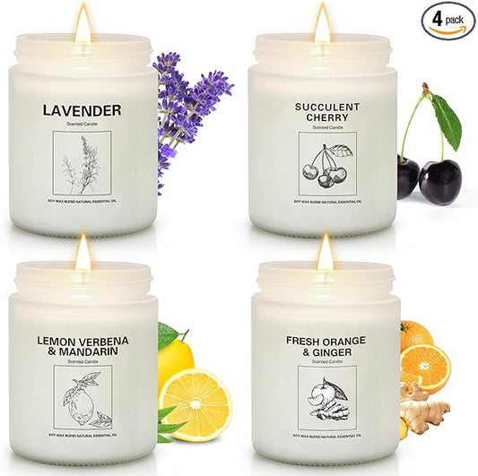 Soy Wax Scented Candle Gift Set, 4 Pack Lavender, Orange & Lemon Scents, Long Lasting Aromatherapy Candles for Home, Relaxing Gifts for Women, Perfect for Holiday, Thanksgiving & Christmas