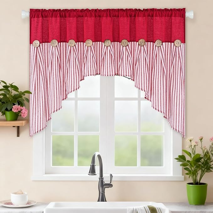 ASPMIZ Farmhouse Cotton Linen Swag Valances for Windows, Boho Kitchen Curtains Valances with Rustic Buttons, Red Striped Window Treatments Curtain Valance for Bathroom Cafe, 61 x 36 Inch, 1 Panel