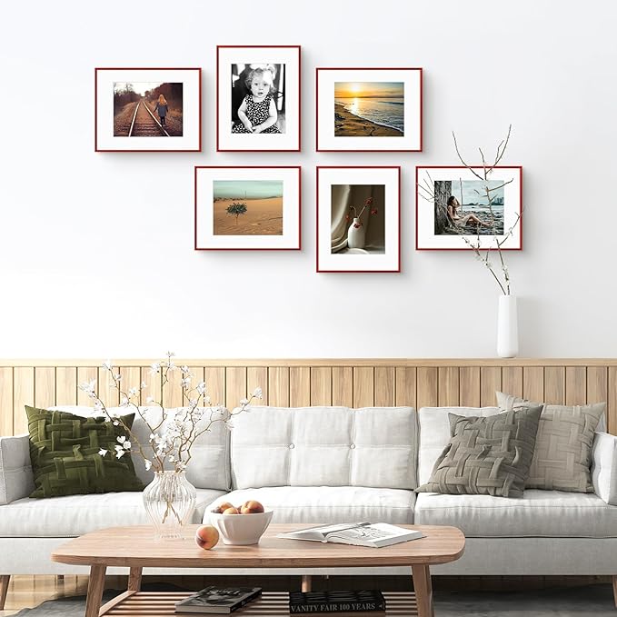 Golden State Art 11x14 Picture Frame 6 Pack - Dark Red Aluminum Photo Frames With 8x10 Mats and Real Glass Cover - Elegant Minimalist Wall Gallery Frames for Home or Office Decor