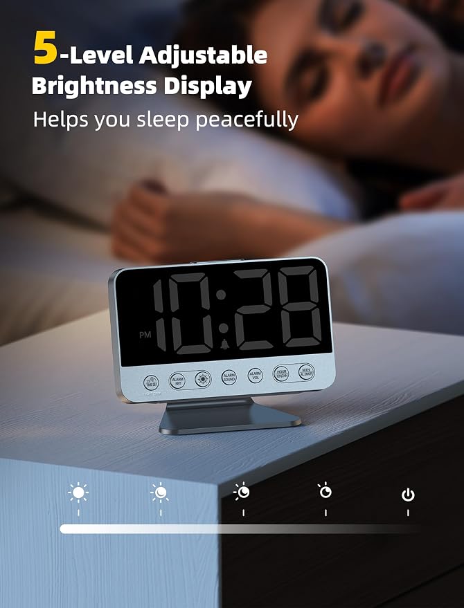 Odokee Digital Alarm Clocks for Bedrooms: Easy to Read Across The Room | Large Bold Number 5 Brightness Dimmer - 8 Night Light 5 Sound - Loud Alarm for Heavy Sleepers with Adjustable Volume - Silver - Image 4