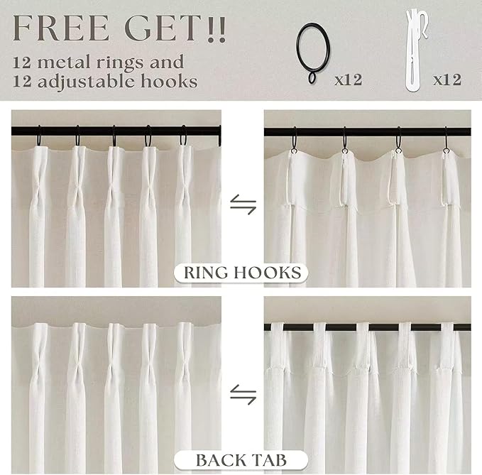 TWODRAPES Natural Pinch Pleated Linen Curtains 1 Panel for Living Room Bedroom Memory Training Shaped Semi Sheer Pleat Drapes with Hooks Rings Light Filtering Window Curtain 60x108