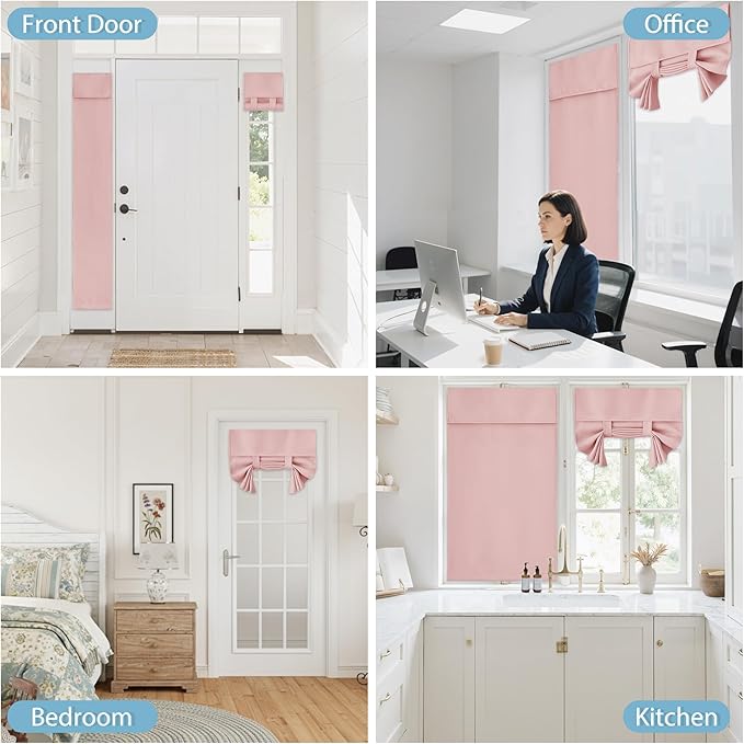 RYB HOME Blackout Tricia Window Door Curtain - Thermal Insulated Self-Adhesive Light Block Energy Efficient French Door Curtain Tie up Shade/Blind, W30 x L80 inch, 1 Panel, Orange Pink