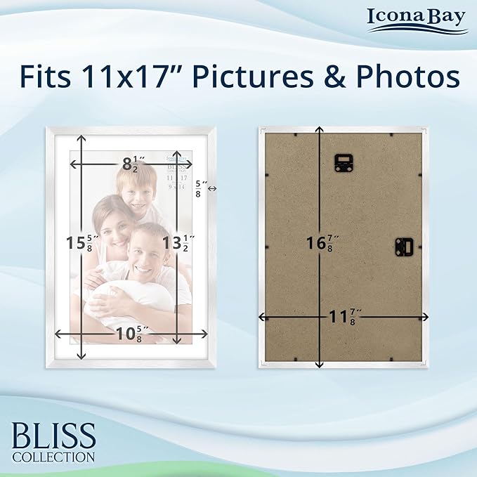 Icona Bay - 11x17 Silver Picture Frame with Removable Mat to 9x14 Photo - Modern Style Engineered Wood Poster Frame - Wall Mount Only - Bliss Collection