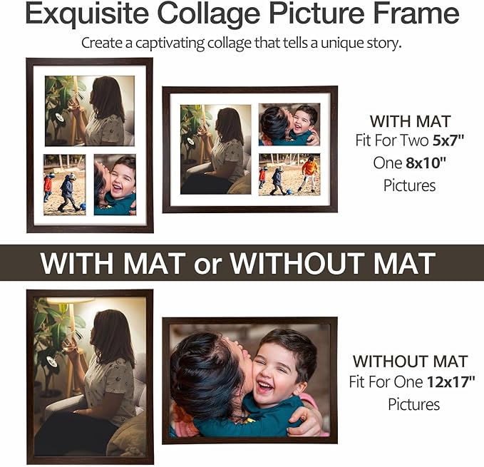 Golden State Art 12x17 Dark Brown Wood Picture Frame - White Mat for 8x10 and 5x7 Photos - Real Glass, Sawtooth Hanger, Swivel Tabs - Wall Mounting - Great for Posters, Weddings, and Engagements