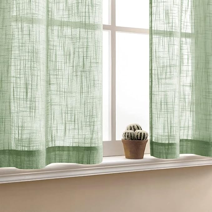 XTMYI Sage Green Boho Curtains for Kitchen Bathroom Set,Home Decor Linen Weaving Balance Block Sun Light Lightweight Sheer Window Curtains Over Sink Blinds,30 Inch Length