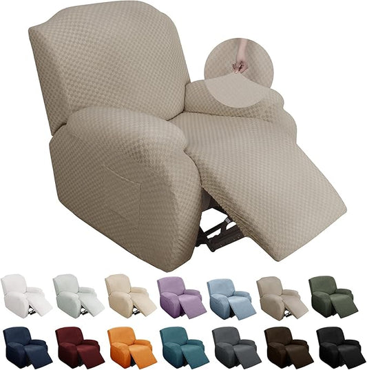 YEMYHOM 4 Pieces Stretch Recliner Slipcover Latest Jacquard Recliner Chair Cover with Side Pocket Anti-Slip Fitted Recliner Cover Couch Furniture Protector with Elastic Bottom (Recliner, Khaki)