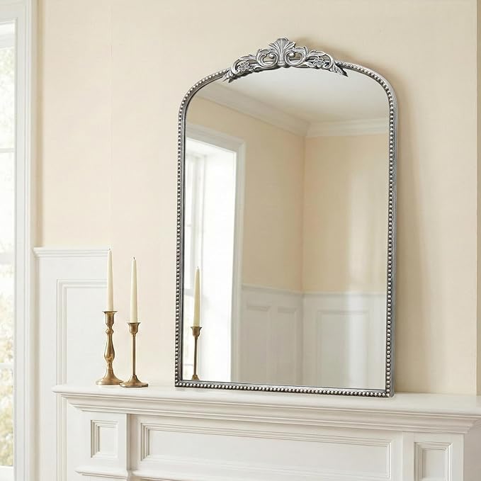 Micasso Vintage Traditional Silver Mirror: 36"x24" French Baroque Antique Mirror - Ornate Decorative Arched Mirrors for Wall/Bathroom/Entryway/Fireplace/Hallway - Home Decor for Living Room