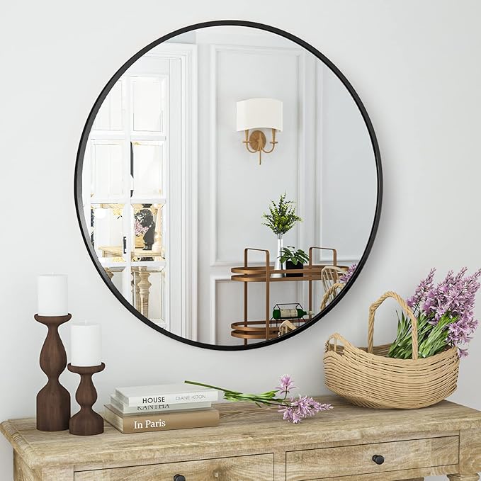 HARRITPURE Round Mirror 15.7" Black Wall Mounted Circle Mirror with Aluminum Alloy Frame Modern Design for Bathroom, Living Room, Vanity, Bedroom, Entryway
