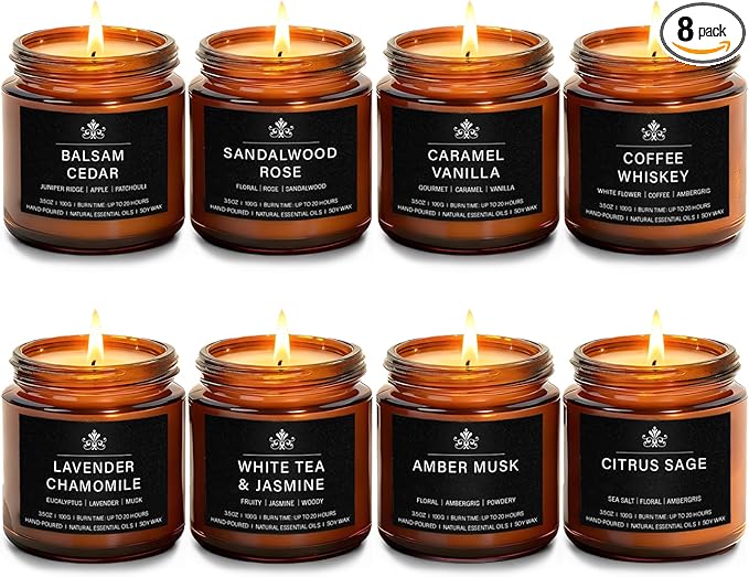 8 Pack Soy Wax Scented Candle Set - Lavender Chamomile, Citrus Sage, Amber Musk, Balsam Cedar, Coffee Whiskey - Long Lasting Aromatherapy Candles, Unisex Home & Gift Set