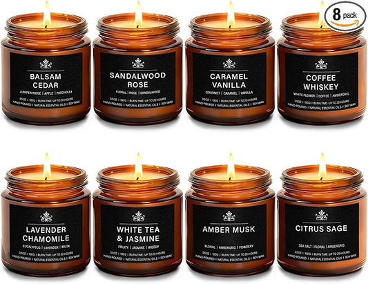 8 Pack Soy Wax Scented Candle Set - Lavender Chamomile, Citrus Sage, Amber Musk, Balsam Cedar, Coffee Whiskey - Long Lasting Aromatherapy Candles, Unisex Home & Gift Set