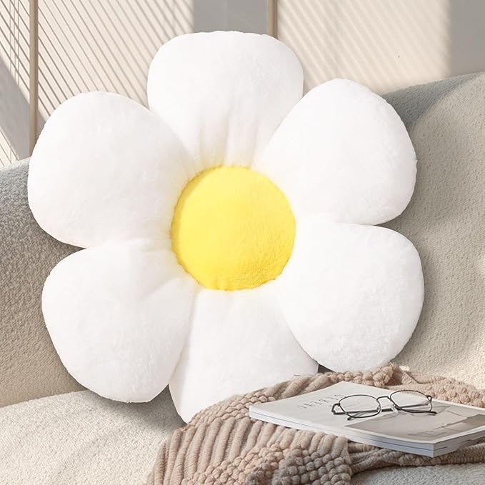 17.7 Inch White Flower Pillow – Daisy Shaped Cute Decorative Throw Pillow, Soft Floral Seating Cushion Floor Pillows for Sofa, Bed, Chair & Room Easter Decorations for Home
