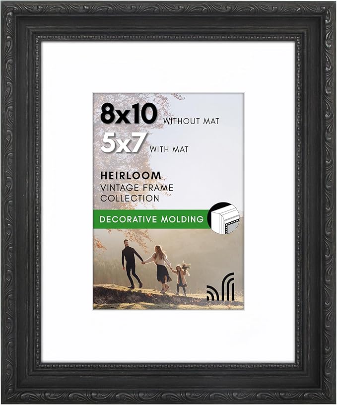 Americanflat 8x10 Picture Frame with Shatter-Resistant Glass - Use as 5x7 Frame with Mat or Display 8x10 Photo Without Mat - Ornate Picture Frames for Wall and Tabletop Display - Black