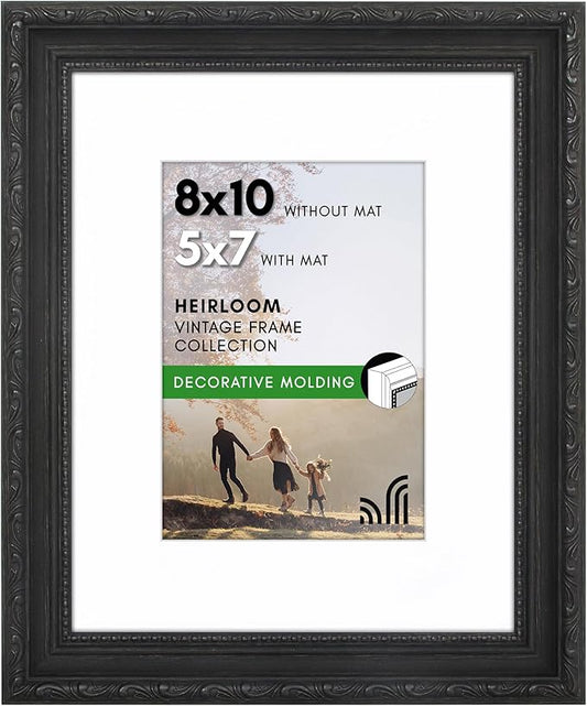 Americanflat 8x10 Picture Frame with Shatter-Resistant Glass - Use as 5x7 Frame with Mat or Display 8x10 Photo Without Mat - Ornate Picture Frames for Wall and Tabletop Display - Black