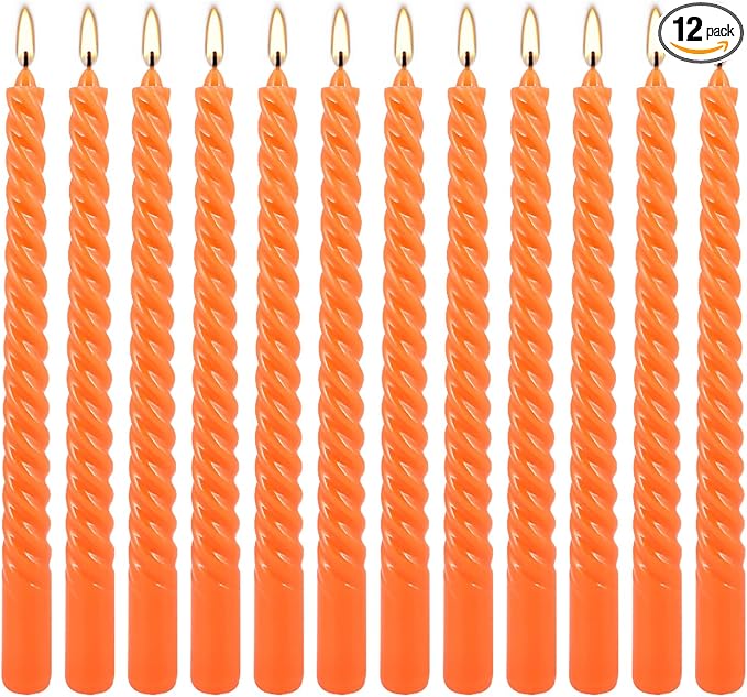 12 Pack 10 Inch Spiral Taper Candle Set, Unscented Dripless Candlesticks for Dinner,Party Brithday Wedding,Halloween and Home Decoration（Orange ）