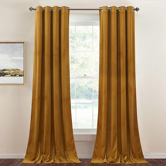 StangH Mustard Gold Velvet Curtains 96 inches, Luxury Light Blocking Drapes Holiday Party Backdrop Decoration for Living Room/Hotel Hall/Wedding/Movie, W52 x L96, 2 Panels
