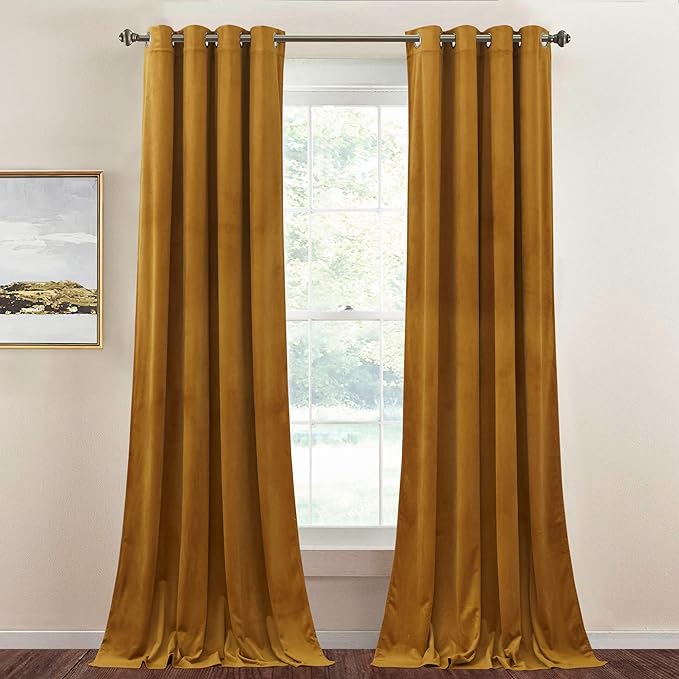 StangH Mustard Gold Curtains Velvet - Blackout Room Darkening Thermal Insulated Bedroom Curtains Soft Heavy Thick Sliding Door Panels for Living Room, W52 x L90 Each Panel, 2 Panels