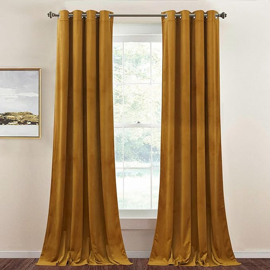 StangH Mustard Gold Curtains Velvet - Blackout Room Darkening Thermal Insulated Bedroom Curtains Soft Heavy Thick Sliding Door Panels for Living Room, W52 x L90 Each Panel, 2 Panels