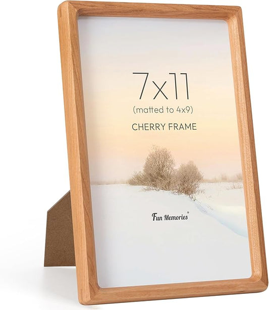 7x11 Picture Frame, USA-Sourced Cherry Wood Photo Frames with HD Tempered Glass, Handcrafted Rounded Corner 7 x 11 Wooden Frame Matted to 4x9 Photos, 7x11 Frames, Tabletop or Wall Display