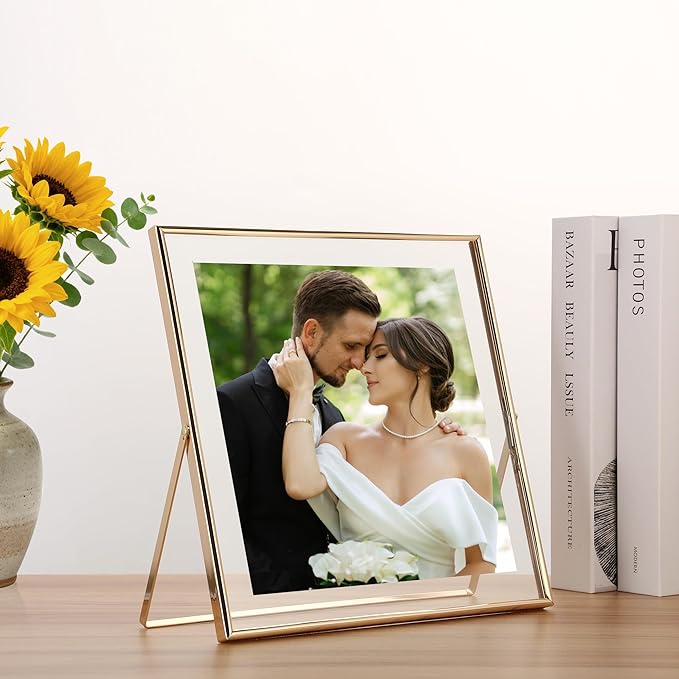 Gold 10x10" Floating Frame 2 Pack for Photo Size(5x5'',6x6'',8x8''),Adjustable Tabletop/Shelf floating Photo Frame,Classy Metal Gift Frames for Wedding,Thanksgiving,Christmas,Birthady,Home or Office Decor.