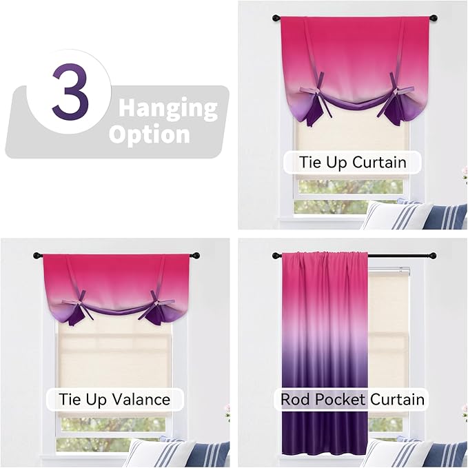 COSVIYA 100% Blackout Purple and Pink Adjustable Tie Up Curtains for Kitchen Thermal Insulated Room Darkening Valance Rod Pocket Balloon Roman Shade for Small Window,48" L x 34" W, 1 Panel
