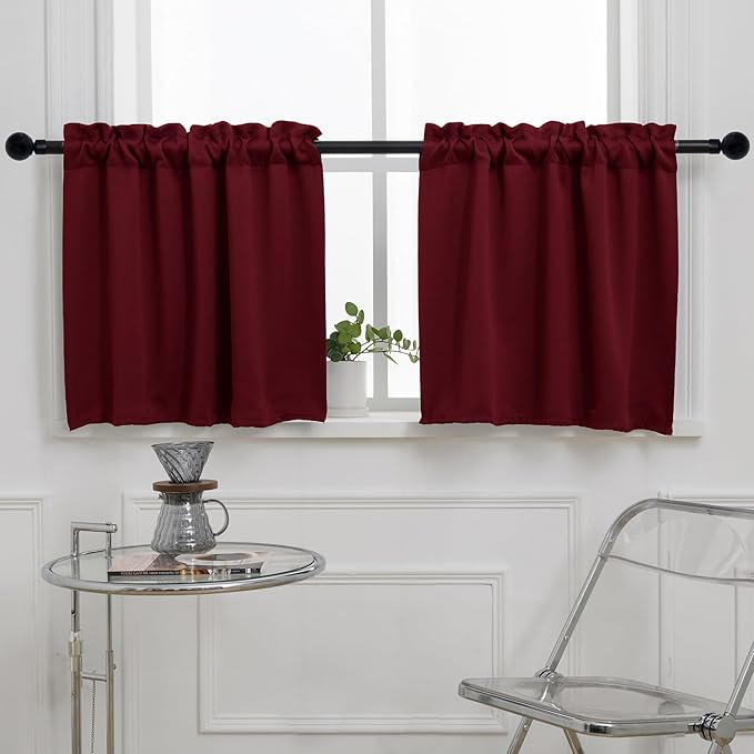 Pickluc Blackout Kitchen Curtain 20 Inches Long, Rod Pocket Cafe Tier Curtains for Small Window Treatment in Living Room, Basement, RVs, Cabinets, 2 Panels, W24 X L20 Inch, Burgundy Red