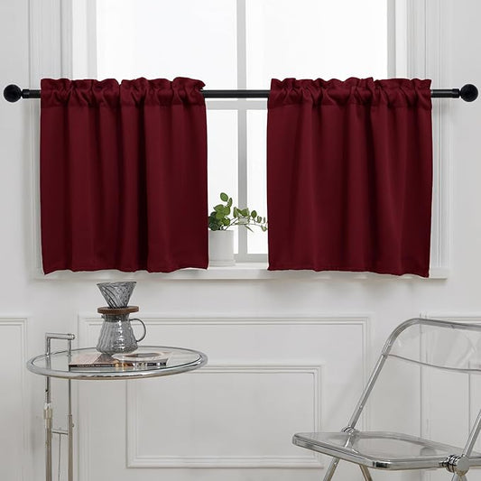 Pickluc Blackout Kitchen Curtain 20 Inches Long, Rod Pocket Cafe Tier Curtains for Small Window Treatment in Living Room, Basement, RVs, Cabinets, 2 Panels, W24 X L20 Inch, Burgundy Red