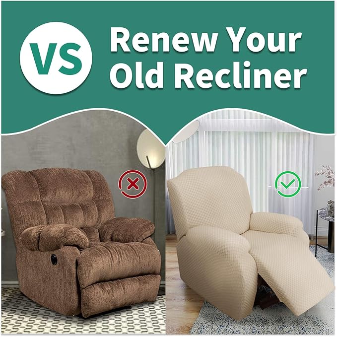YEMYHOM 4 Pieces Stretch Recliner Slipcover Latest Jacquard Recliner Chair Cover with Side Pocket Anti-Slip Fitted Recliner Cover Couch Furniture Protector with Elastic Bottom (Recliner, Beige)