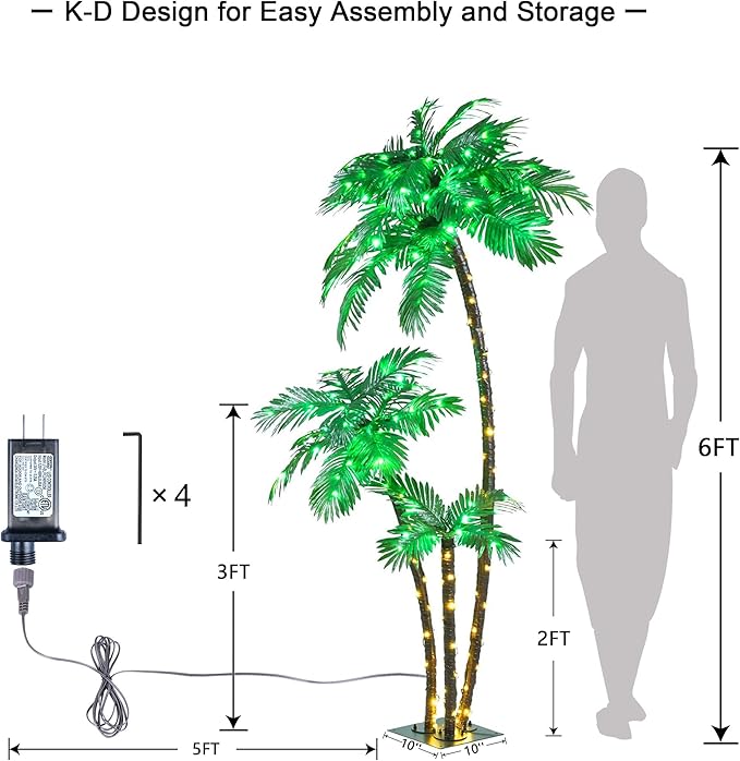 LIGHTSHARE Lighted 6FT Gorgeous Palm Tree 3Trunks Artificial Palm Tree 203LED Lights for Office Decoration Outdoor and Indoors Tiki Bar Christmas Patio Pool- Electric