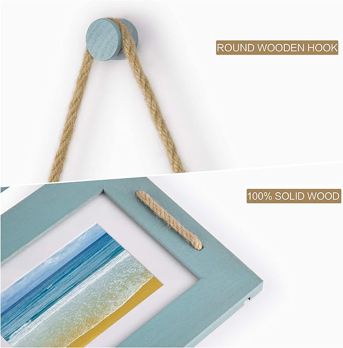DLQuarts 5x7 Hanging Collage Picture Frames Wall Decor, 4-Opening 5x7 Matted to 3.5x5 Photo Rustic Wood Frame with Hemp Rope, 2 Pack, Ocean Blue