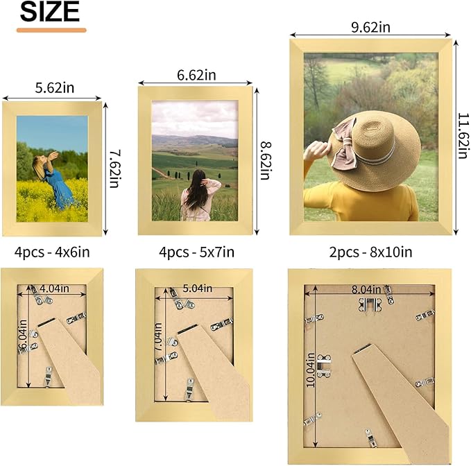 iRahmen Collage Picture Frames Set of 10, Wall Decor for Mounting or Tabletop Display, Family Photo Gallery Frame Set - Multi Sizes Including Two 8x10, Four 5x7, Four 4x6, HD Glass, Wooden, Gold
