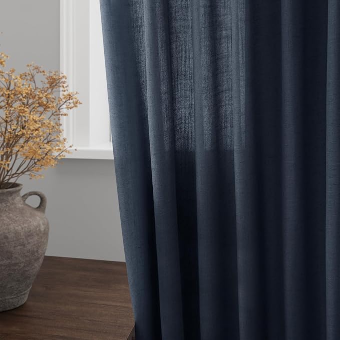 Extra Long Vintage Blue Linen Curtains 120 Inch for Living Room 2 Panels Set Rod Pocket Back Tab Light Filtering Semi Sheer Soft Linen Window Drapes Privacy High Ceiling Drapes for Farmhouse 52x120