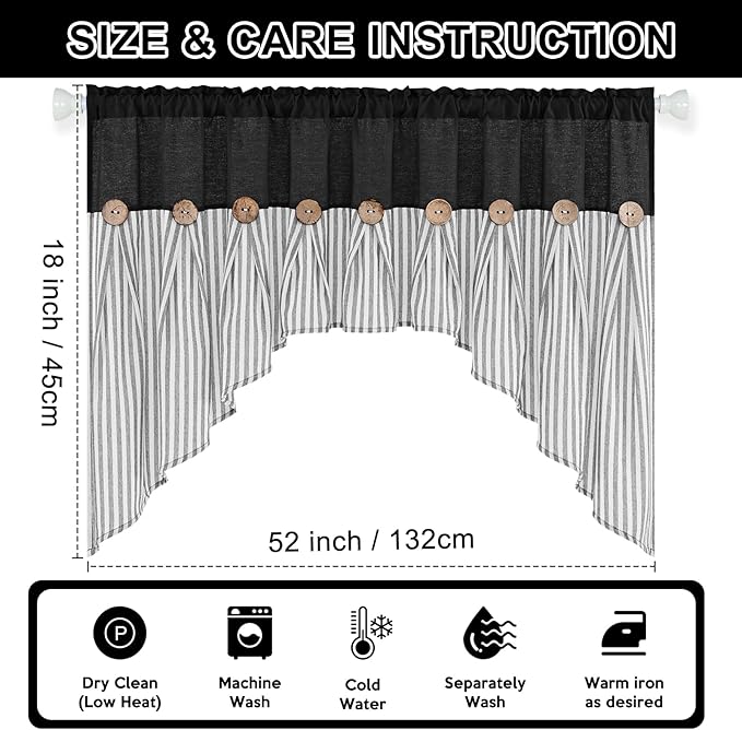 ASPMIZ Farmhouse Cotton Linen Swag Valances for Windows, Boho Kitchen Curtains Valances with Rustic Buttons, Black Striped Window Treatments Curtain Valance for Bathroom Cafe, 61 x 36 Inch, 1 Panel