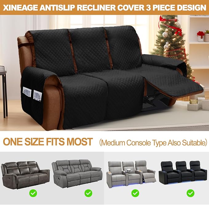 XINEAGE Water Resistant Recliner Cover, 3 Seat Sofa Covers with Pockets, Quilted Thick Protector Cover for Dog Pets with Non Slip Backing and Strap (Black)