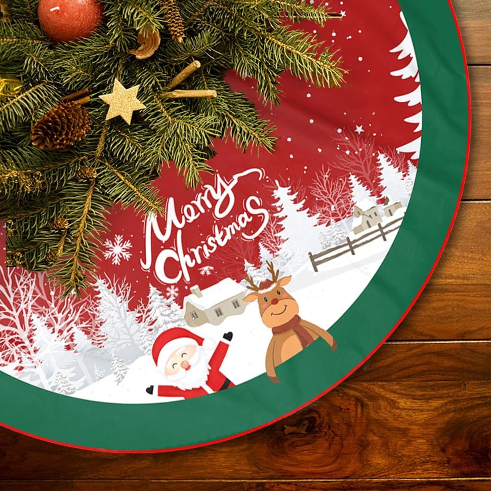 Christmas Tree Skirt Red and Green Tree Skirt Ornaments Soft Plush Christmas Tree Mat with Santa Snow Claus Deer for Decorations Holiday Party Indoor Outdoor 48 Inches by WALXINK